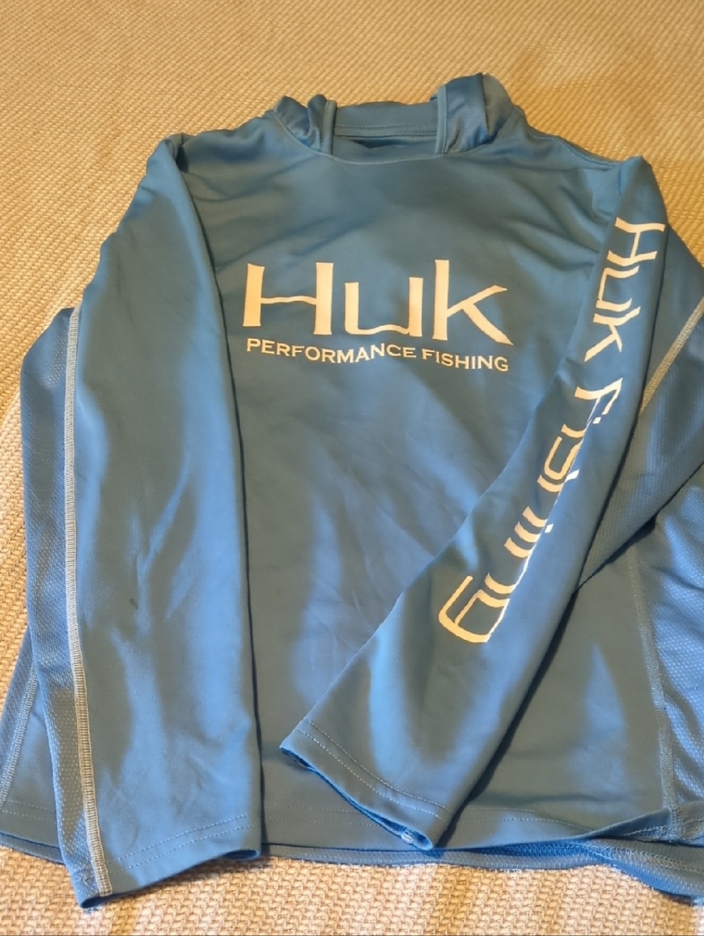 Huk Blue Performance Fishing Hooded Sun Shirt with White Logos
